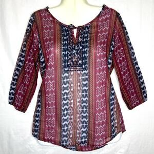 Eddie Bauer Sheer Boho Popover Blouse M Purple Blue 3/4 Sleeve Southwest Aztec